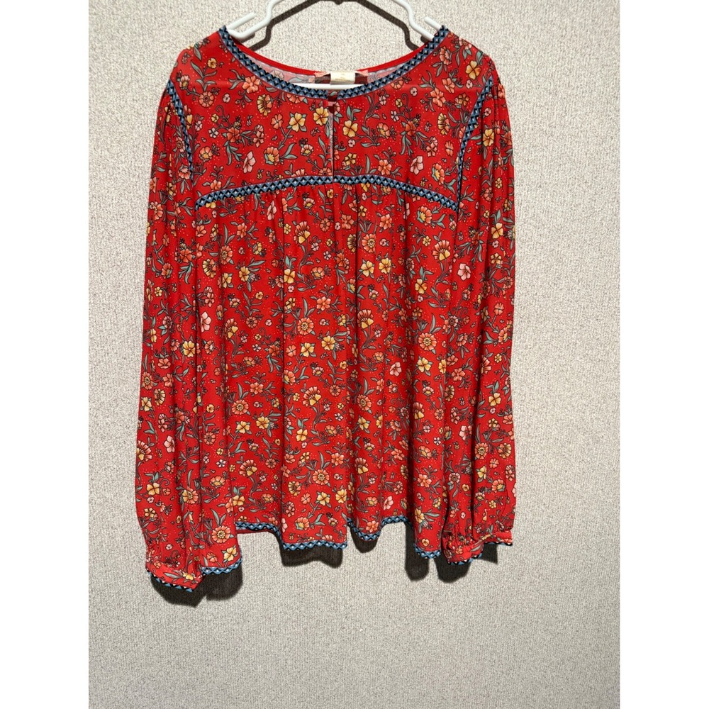 Flying Tomato Red Floral Boho Blouse Geometric Trim Plus Size 3X HP11749